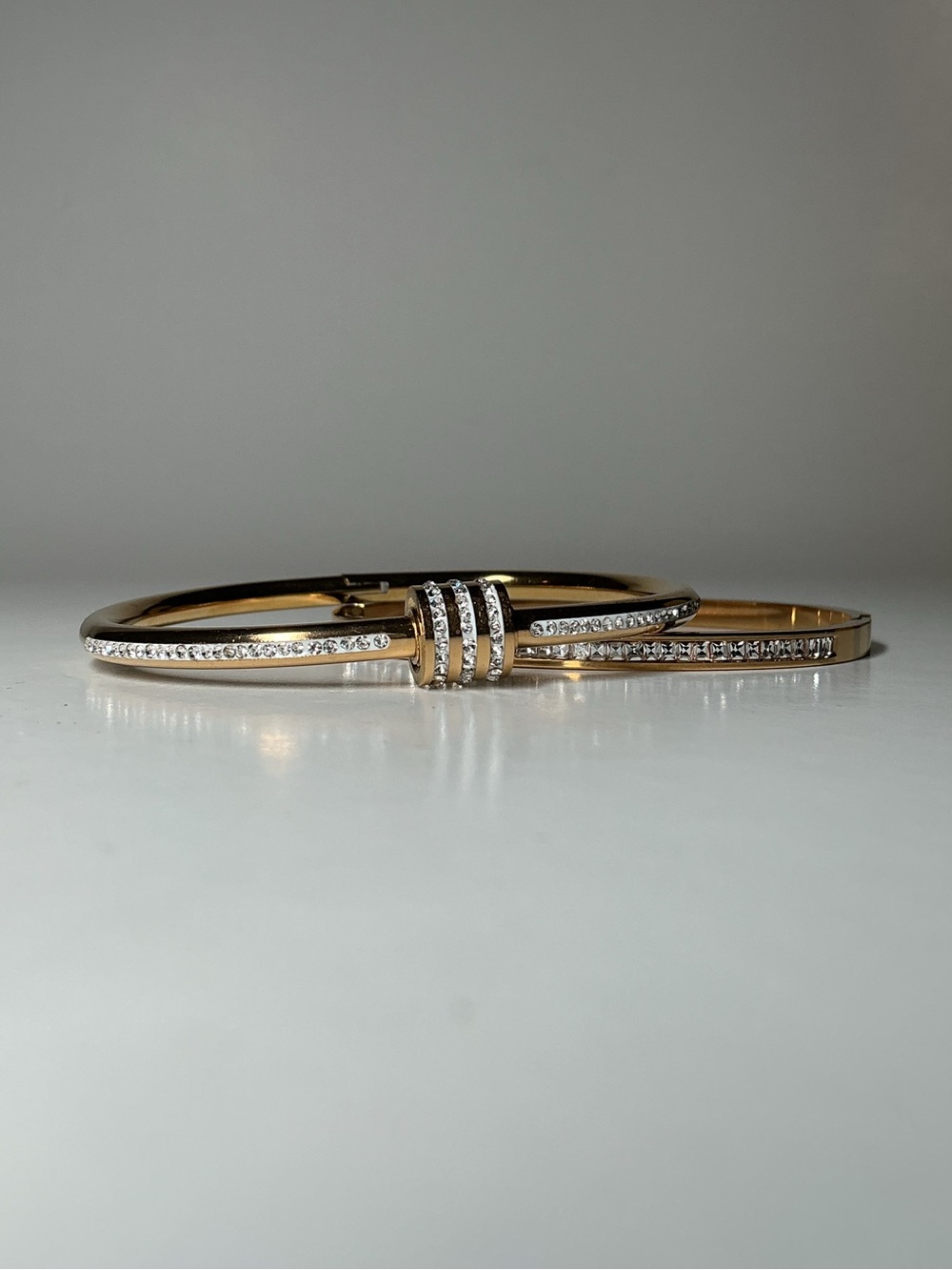Set of 2 Elegant Gold Bangles with Crystal Accent - Hinged Bangle Bracelets
